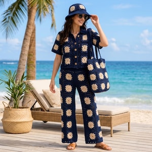 Könnte beinhalten: Ein dunkelblaues Häkel-Outfit bestehend aus einem kurzärmeligen Hemd mit Knöpfen und einer passenden Hose mit weitem Bein, beide mit einem wiederkehrenden beigen Sonnenblumenmuster verziert. Das Set enthält einen Häkelhut und eine große Tasche.