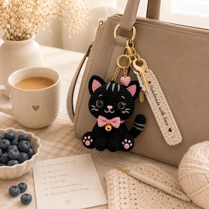 May include: A handmade black crochet cat keychain with pink accents, a pink bow, and a gold bell. The keychain hangs from a beige purse. A note with handwritten text and a cup of tea are also visible.
