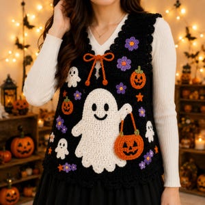 May include: A black crochet vest featuring a large white ghost appliqué holding an orange pumpkin bucket, smaller white ghost appliqués, orange pumpkin motifs, and purple flower accents. The vest has a V-neckline with an orange tie closure.