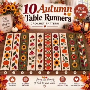 10 Crochet Table Runner Patterns PDF, Autumn Pumpkin Sunflower Leaf Mushroom Acorn Table Decor, Fall Crochet Pattern Bundle