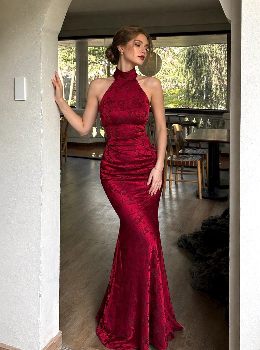 strapless open back dress Mermaid Dress in red swirl silk chiffon print – Caryna Nina Haute Couture  Designer main image 1