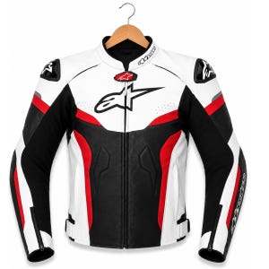 Chaqueta de moto de cuero Alpinestars para hombre, estilo motociclista de carreras, con protección CE y diseño deportivo.