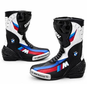 May include: A pair of black, white, and blue motorcycle boots featuring the BMW logo and BMW Motorrad text on the silver toe sliders. The boots have a high-top design with red, blue, and white stripes, black leather panels, and protective gear.