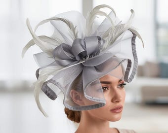 Silver Grey Fascinator, Mesh Feather Fascinator Hat, Wedding Fascinator Headband, Derby Fascinator Women, Formal Occasion Hair Piece