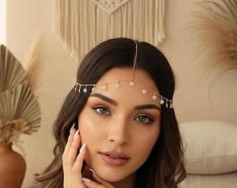 Collar para la cabeza con forma de margarita / Joyería para el cabello en tono dorado / Tocado bohemio para la frente