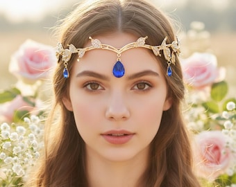 Tocado de cristal de zafiro / Cadena para la frente con diseño de enredadera y hojas de oro / Tiara de boda de hada élfica