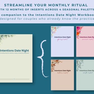 May include: Image of a workbook and inserts for Intentions Date Night. The main workbook is off-white with the title and a floral design. Four inserts are shown in pastel colors, each with a seasonal theme and the title.