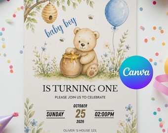 Classic Winnie the Pooh First Birthday Invitation, Vintage Winnie The Pooh Party, Editable Kids Birthday Invite, Digital Canva Template