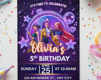Kpop Demon Hunters Birthday Party Invitation Template: Huntrix Golden Theme (Digital download)