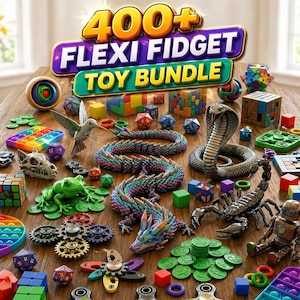May include: A collection of colorful fidget toys, including a rainbow pop-it, a green frog, a metal scorpion, and a snake. The image features the text "400+ FLEXI FIDGET TOY BUNDLE" in a vibrant design, suggesting a variety of tactile and engaging toys.