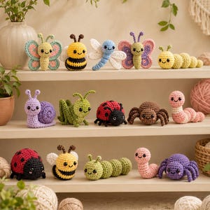 May include: A collection of colorful, crocheted insect toys, including butterflies, bees, dragonflies, ladybugs, caterpillars, snails, spiders, and worms. The handmade toys are displayed on wooden shelves, showcasing their intricate details and cheerful expressions.