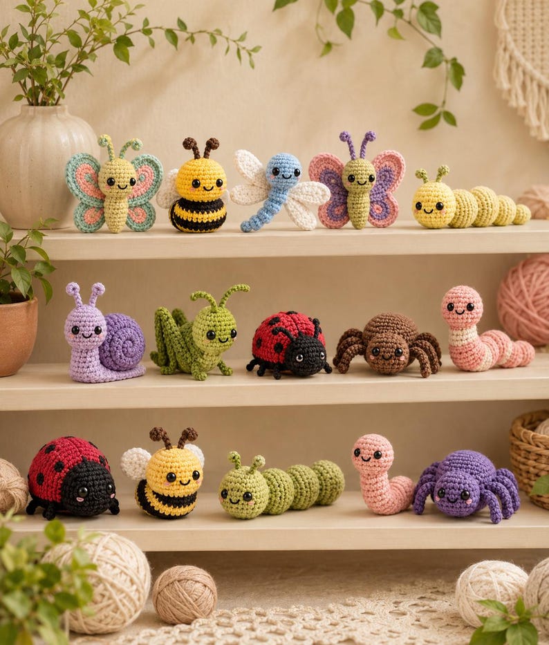 May include: A collection of colorful, crocheted insect toys, including butterflies, bees, dragonflies, ladybugs, caterpillars, snails, spiders, and worms. The handmade toys are displayed on wooden shelves, showcasing their intricate details and cheerful expressions.