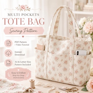 Op de afbeelding: Een naaipatroon voor een tote bag van crèmekleurige stof met een kleine roze bloemenprint. De tekst luidt: Multi Pockets Tote Bag, Sewing Pattern, PDF Pattern + Video Tutorial, Instant Download, A4 & Letter Size Pattern Included.