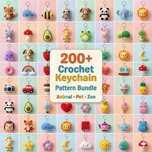 May include: A collection of various small crochet keychains featuring animals, food, and objects, arranged in a grid. A central white square displays the text 200+ Crochet Keychain Pattern Bundle Animal Pet Zoo in blue and orange lettering.