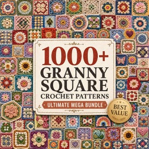 Può includere: Una collezione di modelli di uncinetto di quadrati granny colorati. L'immagine presenta un cartello con il testo "1000+ Granny Square Crochet Patterns Ultimate Mega Bundle Best Value". I quadrati sono in vari colori e design.
