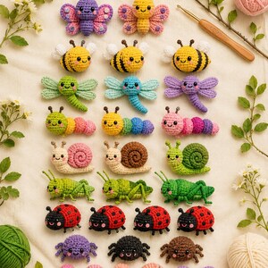 May include: A collection of colorful, handmade crochet insects and creatures. The assortment includes butterflies, bees, dragonflies, caterpillars, snails, grasshoppers, ladybugs, spiders, and worms. Each piece is crafted with yarn in various colors and sizes.