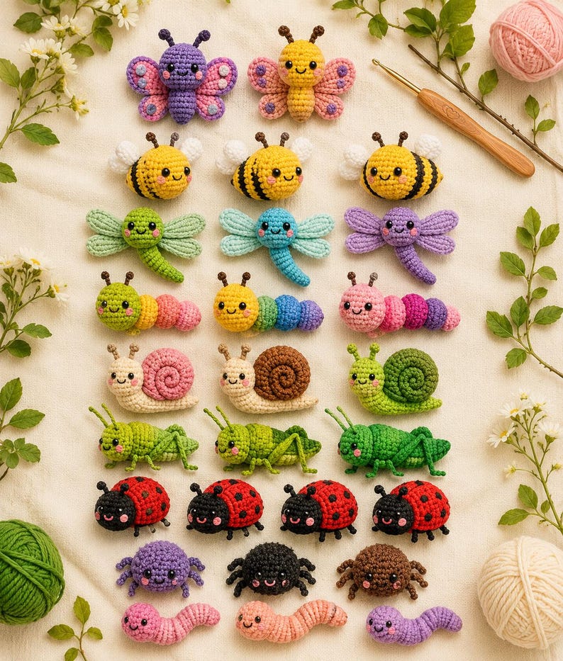 May include: A collection of colorful, handmade crochet insects and creatures. The assortment includes butterflies, bees, dragonflies, caterpillars, snails, grasshoppers, ladybugs, spiders, and worms. Each piece is crafted with yarn in various colors and sizes.