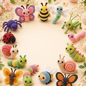 May include: A collection of colorful, crocheted insects and bugs, including butterflies, bees, a spider, ladybug, snails, caterpillars, and a dragonfly. Each creature has a smiling face and is made with yarn in various colors. The arrangement is circular.