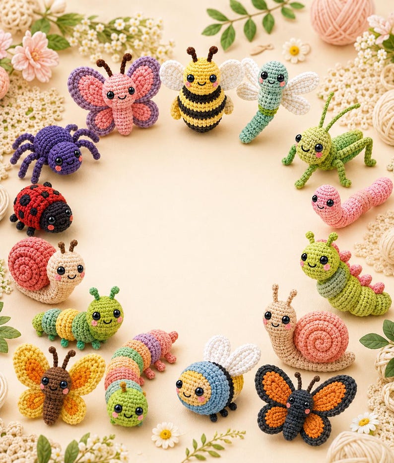 May include: A collection of colorful, crocheted insects and bugs, including butterflies, bees, a spider, ladybug, snails, caterpillars, and a dragonfly. Each creature has a smiling face and is made with yarn in various colors. The arrangement is circular.