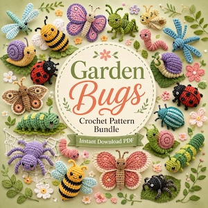 Peut inclure: Une collection d'insectes de jardin au crochet incluant papillons, abeilles, escargots, coccinelles, araignées et chenilles entourant un panneau circulaire central indiquant Garden Bugs Crochet Pattern Bundle Instant Download PDF.