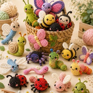 May include: A collection of colorful, crocheted insect toys, including butterflies, bees, ladybugs, and caterpillars. Some are in a woven basket, others are scattered around. The toys are handmade with smiling faces and various colors.