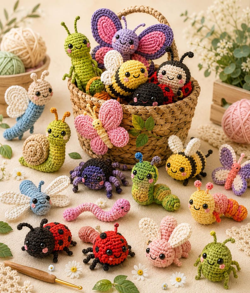 May include: A collection of colorful, crocheted insect toys, including butterflies, bees, ladybugs, and caterpillars. Some are in a woven basket, others are scattered around. The toys are handmade with smiling faces and various colors.