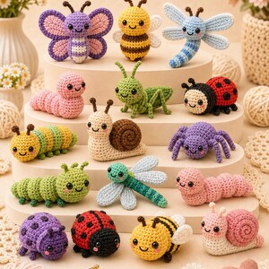 May include: A collection of colorful, handmade crochet insects and bugs, including a butterfly, bee, dragonfly, ladybug, caterpillar, snail, spider, and grasshopper. Each creature has a smiling face and is made with yarn.