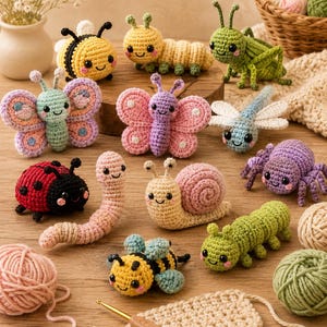 May include: A collection of colorful, handmade crochet insects, including butterflies, bees, a ladybug, and a spider. The insects are displayed on a wooden surface with yarn and a crochet hook, showcasing a whimsical, handcrafted theme.