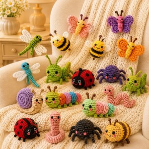 May include: A collection of colorful, crocheted insect toys, including butterflies, bees, ladybugs, spiders, and caterpillars. The handmade toys are in various colors, such as yellow, red, green, and purple, and are arranged on a cream-colored blanket.