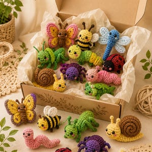 May include: A collection of colorful, crocheted insect toys, including butterflies, bees, caterpillars, snails, ladybugs, spiders, and a dragonfly. The toys are in a cardboard box and on a cream-colored surface. The insects are made with various colors of yarn.