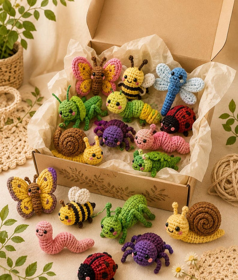 May include: A collection of colorful, crocheted insect toys, including butterflies, bees, caterpillars, snails, ladybugs, spiders, and a dragonfly. The toys are in a cardboard box and on a cream-colored surface. The insects are made with various colors of yarn.