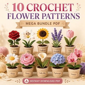 Può includere: Presentazione di dieci modelli di fiori all'uncinetto, tra cui una rosa, un giglio, un girasole, lavanda, tulipano, margherita, peonia, calla, ortensia e orchidea. Ogni fiore è in un piccolo vaso intrecciato.