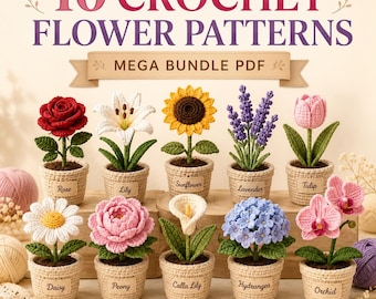 10 Crochet Flower Patterns, Amigurumi Pots, Home Decor (PDF Pattern)