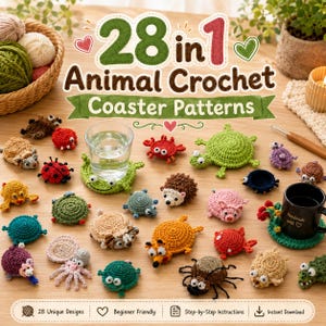 May include: A collection of 28 crochet animal coasters featuring various creatures like turtles, ladybugs, and hedgehogs. The text reads 28 in 1 Animal Crochet Coaster Patterns. Includes a clear glass and a black mug resting on the colourful yarn designs.