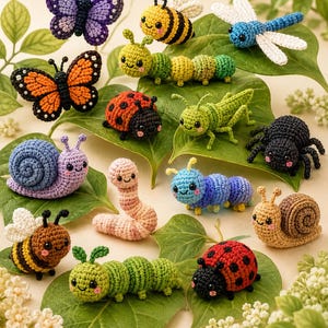 May include: A collection of colorful, crocheted insects and bugs, including butterflies, bees, caterpillars, a dragonfly, a ladybug, a grasshopper, a spider, a snail, and a worm. The handmade creatures are displayed on green leaves.