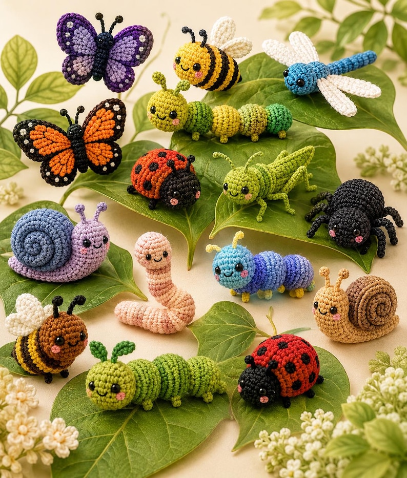 May include: A collection of colorful, crocheted insects and bugs, including butterflies, bees, caterpillars, a dragonfly, a ladybug, a grasshopper, a spider, a snail, and a worm. The handmade creatures are displayed on green leaves.