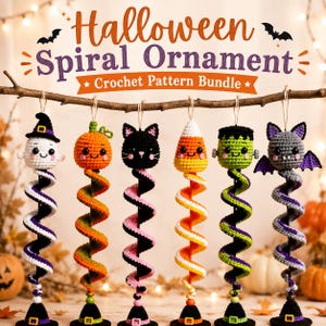 May include: Six crocheted Halloween spiral ornaments hanging from a branch. The characters include a ghost, pumpkin, black cat, candy corn, Frankenstein monster, and bat. Each features a colorful spiral body and a small witch hat at the base.