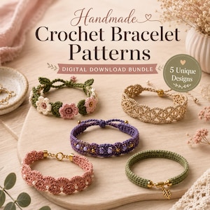 May include: A digital download bundle of five handmade crochet bracelet patterns. The image displays five distinct bracelets: one with pink and white flowers, a beige lattice design, a purple beaded band, a pink scalloped band, and a green band with a leaf charm.