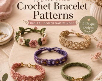 May include: A digital download bundle of five handmade crochet bracelet patterns. The image displays five distinct bracelets: one with pink and white flowers, a beige lattice design, a purple beaded band, a pink scalloped band, and a green band with a leaf charm.