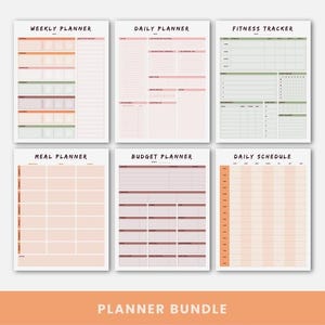 K&ouml;nnte beinhalten: Ein Planer-Bundle mit sechs verschiedenen Vorlagen: Wochenplaner, Tagesplaner, Fitnesstracker, Essensplaner, Budgetplaner und Tagesplan. Jeder Planer hat ein minimalistisches Design mit wei&szlig;em Hintergrund und weichen Farbakzenten in Pfirsich, Rosa und Gr&uuml;n.
