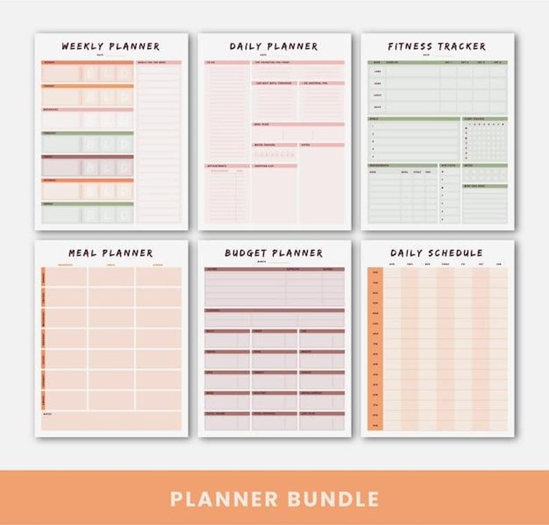 K&ouml;nnte beinhalten: Ein Planer-Bundle mit sechs verschiedenen Vorlagen: Wochenplaner, Tagesplaner, Fitnesstracker, Essensplaner, Budgetplaner und Tagesplan. Jeder Planer hat ein minimalistisches Design mit wei&szlig;em Hintergrund und weichen Farbakzenten in Pfirsich, Rosa und Gr&uuml;n.