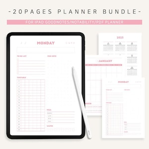 K&ouml;nnte beinhalten: Ein digitales Planer-Bundle f&uuml;r das iPad, mit einem schwarzen Tablet mit einem wei&szlig;en Stift und mehreren gedruckten Seiten. Der Planer enth&auml;lt Abschnitte f&uuml;r To-Do-Listen, Zeitpl&auml;ne und Notizen mit rosa Akzenten. Der Text auf dem Bild lautet "-20 PAGES PLANNER BUNDLE-" und "MONTAG".