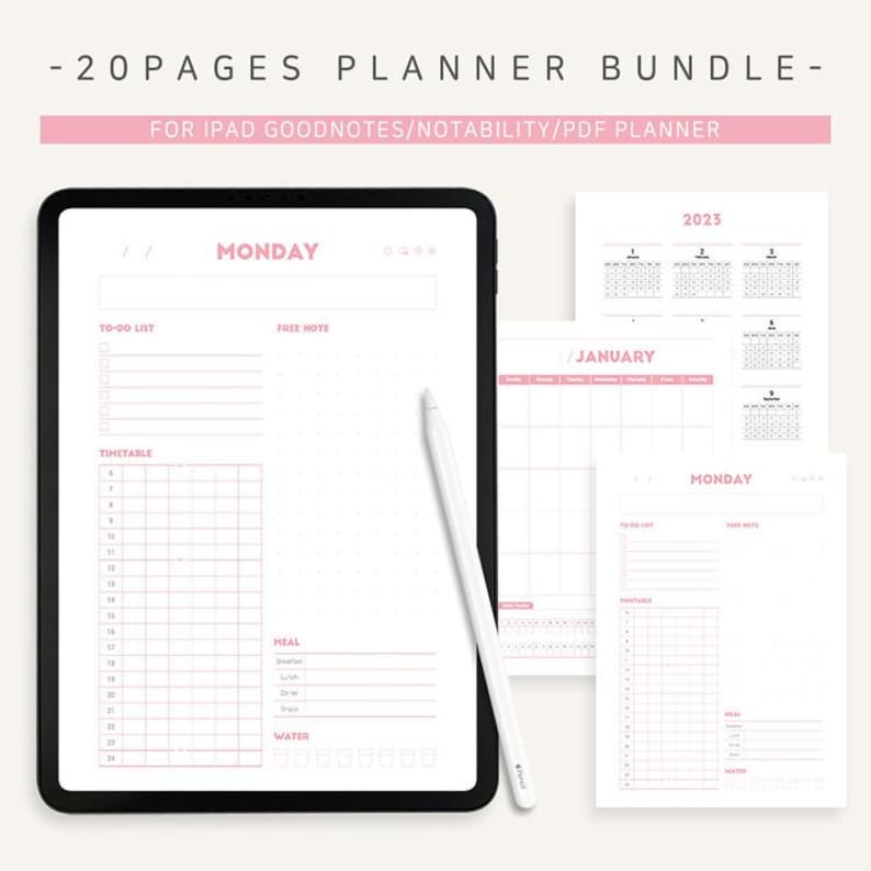 K&ouml;nnte beinhalten: Ein digitales Planer-Bundle f&uuml;r das iPad, mit einem schwarzen Tablet mit einem wei&szlig;en Stift und mehreren gedruckten Seiten. Der Planer enth&auml;lt Abschnitte f&uuml;r To-Do-Listen, Zeitpl&auml;ne und Notizen mit rosa Akzenten. Der Text auf dem Bild lautet "-20 PAGES PLANNER BUNDLE-" und "MONTAG".