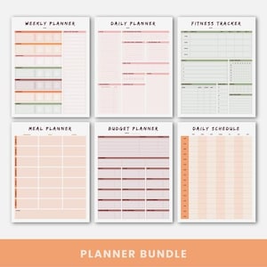 K&ouml;nnte beinhalten: Ein Planer-Bundle mit sechs verschiedenen Vorlagen: Wochenplaner, Tagesplaner, Fitnesstracker, Essensplaner, Budgetplaner und Tagesplan. Jeder Planer hat ein minimalistisches Design mit wei&szlig;em Hintergrund und weichen Farbakzenten in Pfirsich, Rosa und Gr&uuml;n.