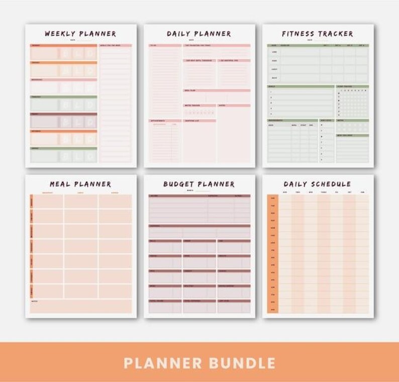 K&ouml;nnte beinhalten: Ein Planer-Bundle mit sechs verschiedenen Vorlagen: Wochenplaner, Tagesplaner, Fitnesstracker, Essensplaner, Budgetplaner und Tagesplan. Jeder Planer hat ein minimalistisches Design mit wei&szlig;em Hintergrund und weichen Farbakzenten in Pfirsich, Rosa und Gr&uuml;n.