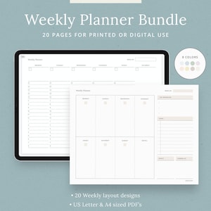 K&ouml;nnte beinhalten: Ein digitales Wochenplaner-Bundle mit minimalistischem Design. Das Bild zeigt ein Tablet mit einem Planer-Layout sowie eine gedruckte Planerseite. Der Text enth&auml;lt "Weekly Planner Bundle", "20 Seiten" und "US Letter & A4 sized PDFs."