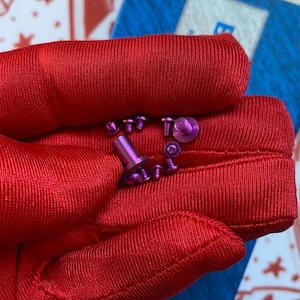 May include: A collection of small, purple metal screws and a cylindrical post are held in a red fabric. The screws vary in size and shape, with some having flat heads and others with a more rounded design. The items are arranged in a hand.