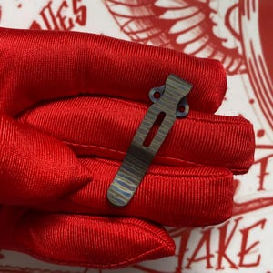 May include: A close-up of a small, metallic pocket clip with a striped pattern in shades of blue, gray, and gold. The clip has a rectangular shape with a long, narrow opening and two small holes at the top. The clip is held against a red background.