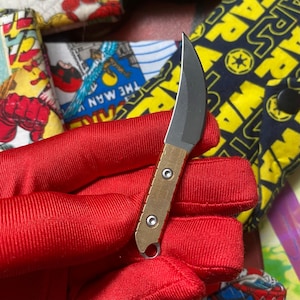 May include: A small, curved blade knife with a bronze handle. The blade is dark gray, and the handle is secured with two silver rivets. The knife has a small hole at the base of the handle. The knife is held in a red glove.