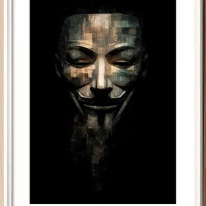 May include: Framed print of the Guy Fawkes mask, a mosaic of grey, beige, and black. The artwork is set against a black background, creating a strong contrast. The print is in a white frame. The image is a symbol of protest.